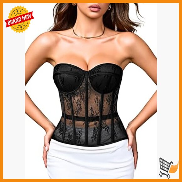 Sheer Mesh Push-Up Underwire Bustier Shapewear Corset Size 16-18